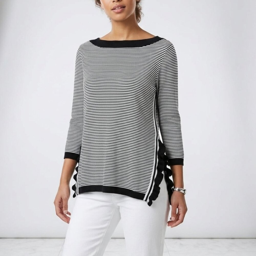 Lauren Ralph Lauren Striped Ruffled Hem Border Knit Sweater, Size L